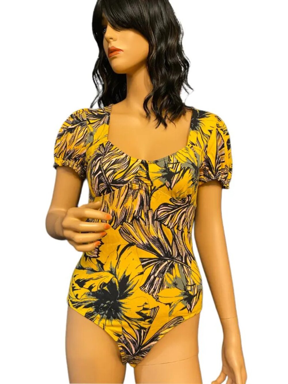 Guess Piper Tropical Print Puff Sleeve Thong Bodysuit Yellow Size M